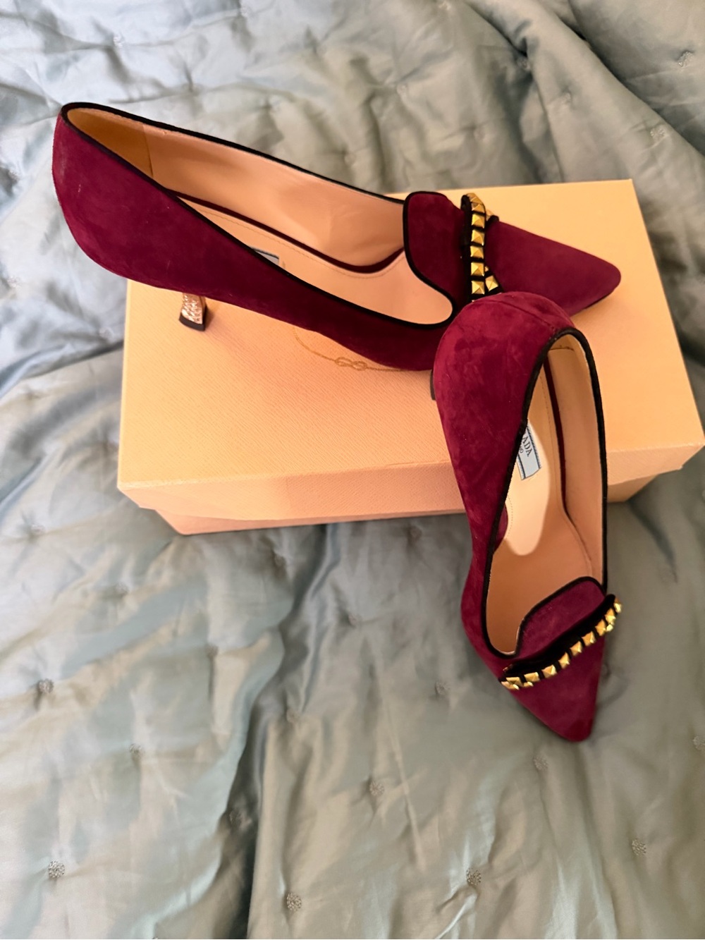 Prada Burgundy Suede Pointed-Toe Kitten Heels with Gold Stud Accent